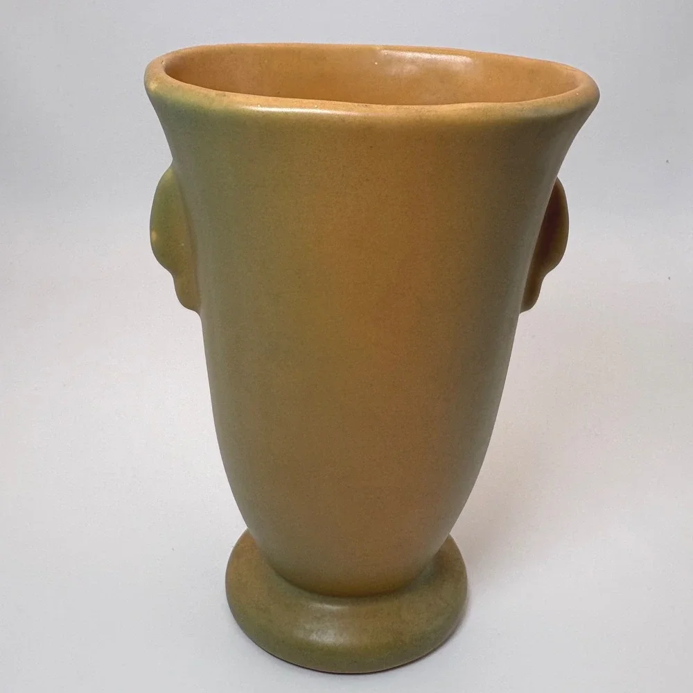Vintage 1930s Weller Pottery Wild Rose Vase Peach Green Dual Handle 6.5